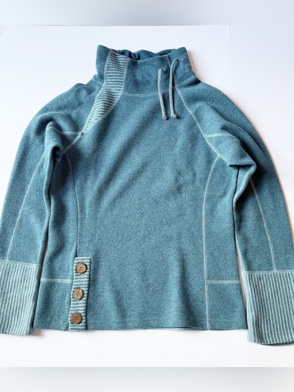 Prana Lucia Cowl-Neck Pullover with Button Trim Teal Small